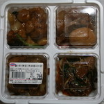 Kicchinorijin - 豚と大根と玉子の煮物(右上)長芋・蓮根と鶏肉のオイスターソース仕立て(左上)レバニラ(右下)じゃが芋と鶏挽肉の山椒ソース和え(左下)