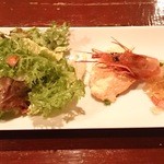 サラダ、人参のムース、赤海老