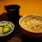 日本料理 銀座 大野 - お食事 鰆の釜炊き御飯 白味噌汁 香の物 2015.02.x