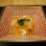 虎白 - 冷し物「生胡麻豆腐、金目鯛煮、炙り皮散らしみぞれ掛け」　2015年2月