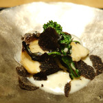 虎白 - 焼物「さわら焼きと菜の花  黒トリュフソース掛け」　2015年2月