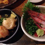 旬菜料理 GENKI屋 - サービス料理　甘エビ刺しと練り物おでん