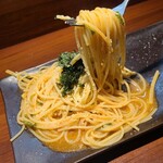 shige - ②明太子パスタ、青海苔載せ
明太子とバター、ピリ辛なのはタバスコかな？
青海苔の海の香りがアクセントに
麺はアルデンテよりもより硬め、好みですが人に依っては硬く感じるかも
