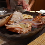 銀座おかもと - 鍋の具材 間人蟹 湯葉 蕪 別皿に水菜 2015.2.x