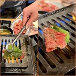焼肉酒場よんちゃん - 大葉上ロース。女子店員が焼いてくれました。