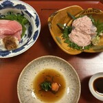 御料理藤居 - カワハギとメバチマグロ　マグロは本鮪の方が美味しいかな
