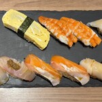 宮城之魚與赤醋之壽司 魚是下酒菜 仙台PARCO2店 - 左下的真鯛搭配芝麻醬油