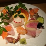 こきゅう 別邸 - 刺身盛合せ(税込1,518円)
            ②河豚《身&身皮&皮》ポン酢和え③広島サーモン④炙り太刀魚⑤鰤⑥昆布〆鮃⑦甘海老⑧鰹⑨蛍烏賊⑩真穴子