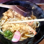 得得うどん - 料理写真:海老天ぷらうどん（セミダブル） 1,040円　丼ぶりの大きさが分かるように割り箸置いてみました