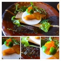 僧伽小野 一秀庵 - 先付・・春の芽吹き・糸島大根変わり焼き・芽キャベツ・菜の花サーモン巻。