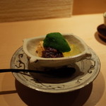 神楽坂 石かわ - デザート　小豆 柚子寒天 焦がし砂糖のムース 抹茶のシャーベット 2015.2.x