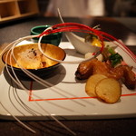 銀座 座屋 - 祝い八寸 のどぐろ醤油麹焼き クワイチップ 赤飯 鮃の龍皮昆布巻き 海鼠の酢の物 他 2015.2.1x