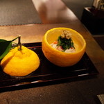 銀座 座屋 - 浜茹で松葉蟹の三宝柑釜 蟹酢 チシャトウ(サンチュの茎) 2015.2.1x