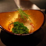 銀座 座屋 - トラフグの叩き 鮟肝を混ぜて 菜の花 2015.2.1x