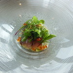 ポエシア - 三重産炙り〆鯖のカルパッチョ　宮城産フルーツトマトのグラニテを合わせて