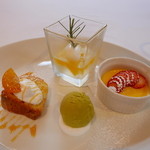 ブラッセリー ラシュレ - デザート：水俣の緑茶アイス、いちごのフラン、スイートスプリングのゼリー、金柑のパウンドケーキ。