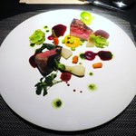 エクアトゥール - 松坂牛Ａ５シンタマのプランチャ焼き、ヴィネグレットエルブとニンニク赤ワインソース