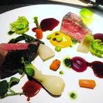 エクアトゥール - 松坂牛Ａ５シンタマのプランチャ焼き、ヴィネグレットエルブとニンニク赤ワインソース