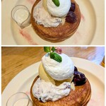 パンケーキ＆ブックス ビブリオテーク - チェリーと桜クリームのお花見パンケーキ1,540円✨️チェリーの酸味、桜のやさしさにマスカルポーネ、バニラアイス、中に挟んだカスタードクリームで春色の美味しさ♪さらにホワイトチョコのソースで頂きます！