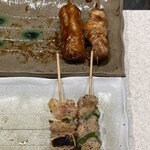 銀座惣菜店 - 料理写真:つくね串(たれ)、ひな串(たれ)
ねぎ間(塩)、ももアスパラ串(塩)
