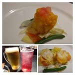 Kazuchan - お通しは「白身魚の甘酢餡」・・前回同様居酒屋とは思えないお通しです。
                      甘酢餡が「酢」が強くないので好みです。
                      ドリンクは「生ビール」と「果実酒（巨峰）のソーダ割り」を頂きました。