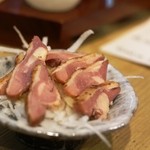 信州おさけ村 - アテその①　モモの燻製　大根がピンピンしてるところがおおざっぱでいいですね！