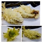 天正 - 牡蠣とフキノトウ・・大き目の牡蠣です。
            どのお店で頂いても思うのですが、天ぷらの食材としては難しいのじゃないかしら。
            フキノトウは独特の苦みを感じて美味しいですよ。