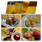 小料理 新宅 - 晩酌セット・・ドリンクは「ビール」「ハイボール」「日本酒」「焼酎」から選べます。
それに「小鉢2品」「お刺身」が付きます。