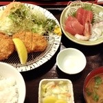 Ichikiri - ヒレカツ定食お刺身付1600円税別（これに前菜が付きます）