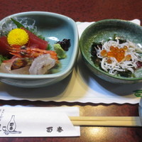 鯛よし百番 - お造り&いしらすとわかめの甘酢がけ