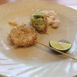 食の円居 なず菜 - 本日の揚げ物 三種（椎茸、そら豆、筒井蓮根)