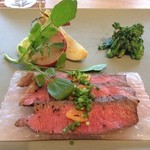 食の円居 なず菜 - 大和牛のﾛｰｽﾄ、葉玉葱、蕾菜、茄子、菜の花のﾏﾘﾈ