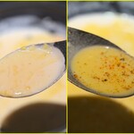 つるとんたん - 出汁(スープ)。右はたまごが混じり七味を加えています。