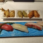 琉球回転寿司 海來 - KEN・SAN・GYO、たらし揚げ野菜 アーサ にんにく マーミヤ