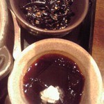 はなの舞 - 小鉢(こぶ煮)とセルフサービスのコーヒーゼリー(２０１５年２月２０日撮影)