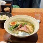 麺屋 さくら井 - 料理写真:【限定】菜花とホタルイカ 春のジェノベーゼ塩らぁ麺¥1500、〆のチーズリゾット風ご飯¥300