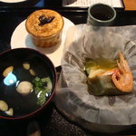 春野菜と龍眼のココット、高麗人参と鶏団子のスープ、甘海老と山薬の歯舞昆布蒸し