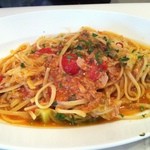 トラットリア・築地パラディーゾ - 20130330 マグロのオイル漬けとチリメンキャベツ チェリートマトソースのリングイネ