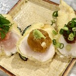 天ぷら居酒屋 天ち。 - さつま純然鶏ササミレア(わさび・梅・辛みそ) 3ヶ 600円