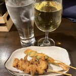 串屋 - 揚げ物　エビと牛肉　日本酒1杯目死神（邑南町）
