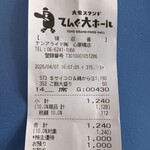 大衆食堂 てんぐ大ホール - レシート