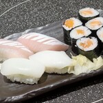 六鮮 - 紋甲いか、はまちずり、サーモン細巻
