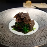 エクアトゥール - ［４回目］活き〆した真鯛とコンソメで炊いた筍 スミイカ セリ エシャロットコンフィ 黒トリュフヴィネグット