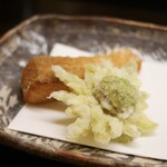 道人 - 桜鱒のおかき揚げ、蕗の薹の天ぷら