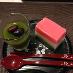 四季彩 鮨楽 - 抹茶ゼリー黒豆添え、三色ういろう