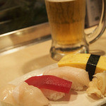 宝寿司 - 帆立、鮪、白身、玉子のにぎり