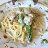 トラットリア ラクイラドォーロ - ベビーホタテとアスパラのクリームパスタ