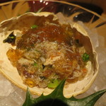 器楽亭 - 香箱蟹、菜の花と金紫蘇の土佐酢のゼリー寄せ