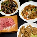 磯料理 伊清 - （メインの）茄子炒め、酢豚、マグロ刺身、唐揚げ