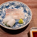 永山 - 2026.3 お造り（瀬戸内産天然鮃、アオリイカ、木の芽味噌、本わさび、醤油）